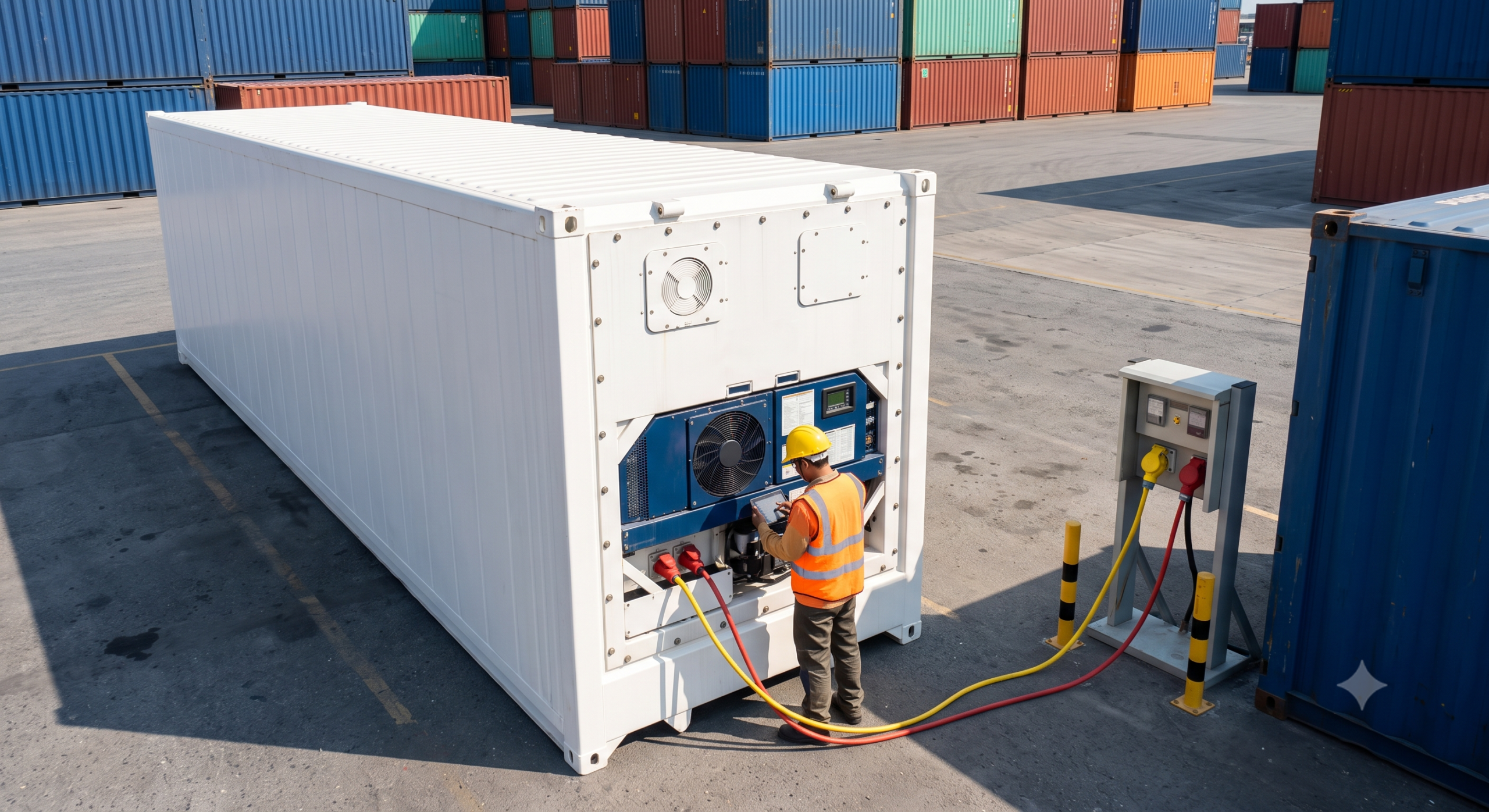 Ilustrasi fasilitas plugging monitoring dan pemeriksaan pre-trip inspection (PTI) pada reefer container